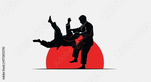 Karate Silhouette with Red Sun Background Vector Illustration