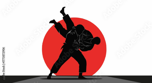 Karate Silhouette with Red Sun Background Vector Illustration