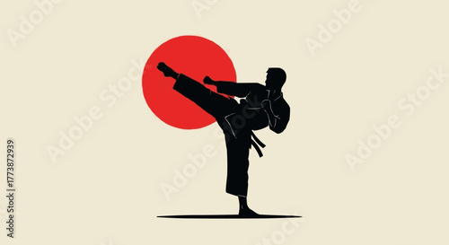 Karate Silhouette with Red Sun Background Vector Illustration