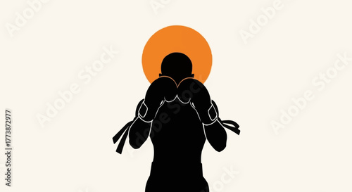 Karate Silhouette with Red Sun Background Vector Illustration