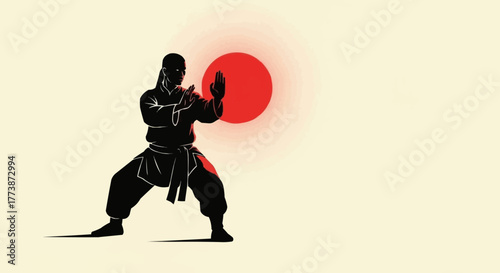 Karate Silhouette with Red Sun Background Vector Illustration