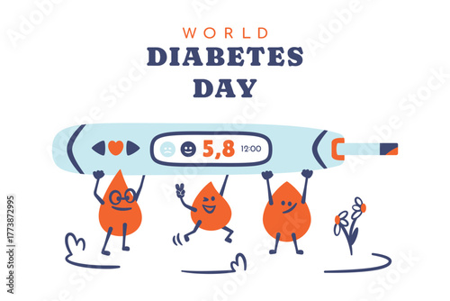 Diabetes day. Cute blood drops holding glucometer showing normal blood sugar level. Concept of diabetes care, medical awareness,  healthy lifestyle. Comic characters with blood monitoring. Vector