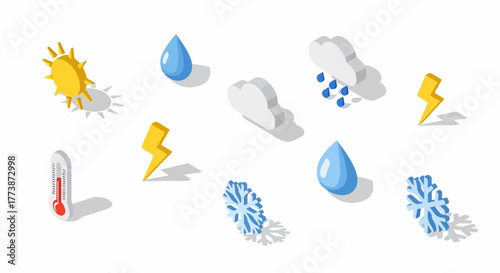 Isometric 3D Weather Icons Set: Sun, Rain, Clouds, Lightning, Thermometer, and Snowflakes on White Background