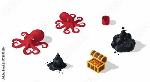 Isometric set of ocean elements featuring red octopuses, squid ink blobs, a treasure chest filled with gold, and marine items on white.