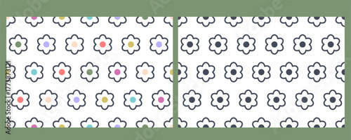 Set of Outline Flowers seamless pattern. Various floral elements in different size. Vector for decoration, wallpaper, textiles, printing, romantic design, kids interior