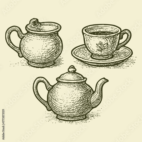Vintage Hand-Drawn Tea Set Collection with Teapot, Cup, and Creamer