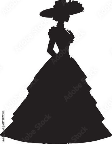 A black silhouette of a woman wearing an elaborate gown, typical of 1800s Australian fashion, featuring a large hat and layered skirt.