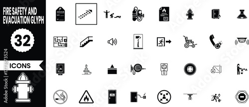 Collection of 32 black and white icons representing various services and safety symbols