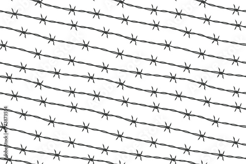 Barbed wire seamless pattern vector illustration symbolizing security, protection, and restriction on white background, ideal for defense, boundary, and industrial safety design use.