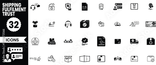 Collection of 32 shipping fulfillment and trust icons for e commerce and business services