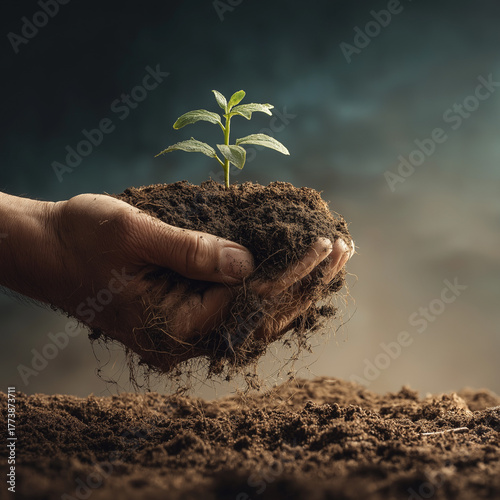 Environmental image of a hand holding a sapling ready to be planted