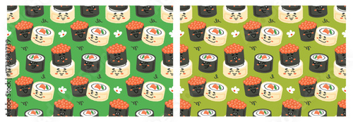 Funny kawaii sushi seamless patterns set. Cute smiling rolls and nigiri. Japanese food. comic characters with various emotions. Vector illustration for textile, wrapping paper, wallpaper