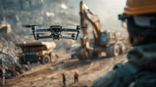 Drone Technology Mining Operation - Aerial Inspection Mining Site Worker Industrial Photography Professional Equipment