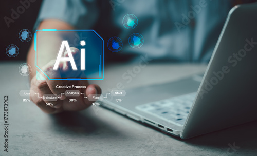 AI technology in everyday life. Technology and people concept man use AI to help work, AI Learning and Artificial Intelligence Concept. Business, modern technology, internet and networking concept.