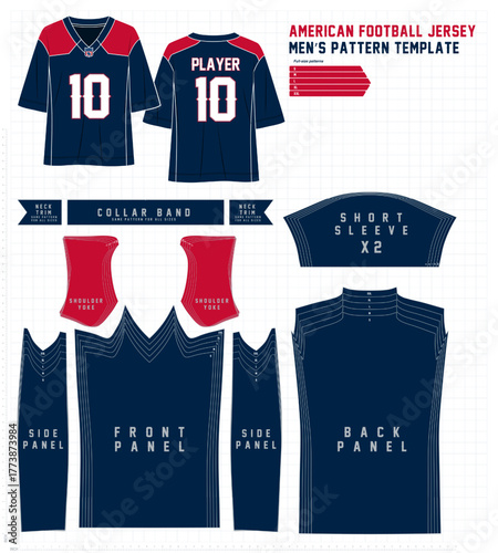 Vector technical pattern of men’s American football fan jersey, full-size template with multi-size grading from S to XXL. Ideal for fashion designers, sportswear creation, and garment mockups
