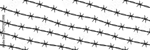Barbed wire seamless pattern design symbolizing security, protection, and restriction on white background, ideal for defense, boundary, and industrial safety concepts.