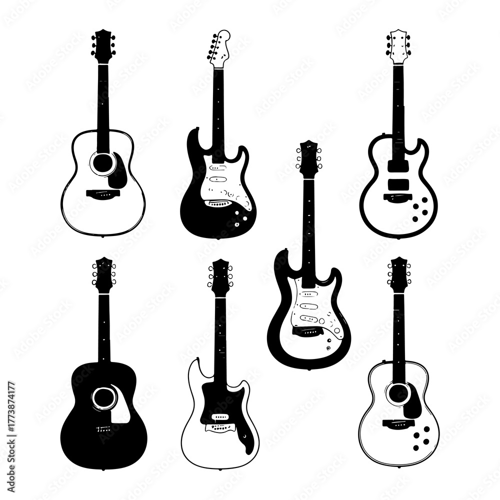Naklejka premium A collection of black and white acoustic and electric guitar silhouettes is displayed isolated on a plain white background for design.