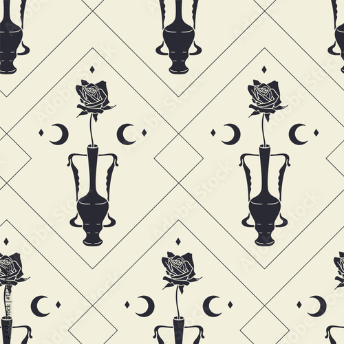 Celestial Art nouveau style black and white vase with rose hand drawn seamless pattern vector illustration