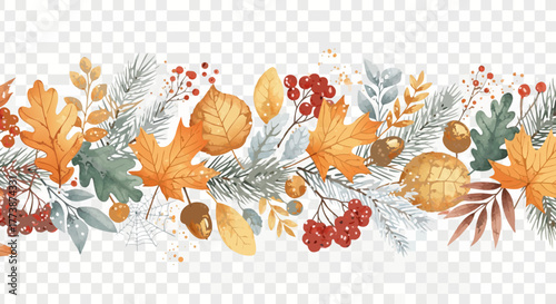 Elegant seasonal vector garland with autumn leaves, frosty pine, acorns, and red berries. Isolated.