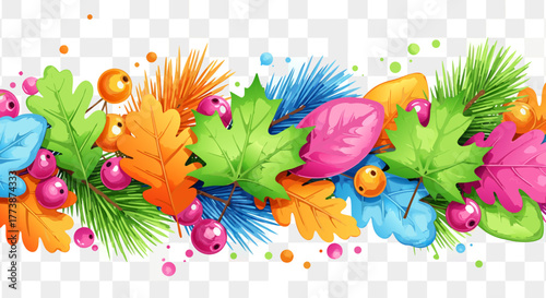 Vibrant seasonal vector border with colorful leaves and berries