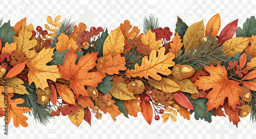A dense autumn vector garland with colorful leaves, acorns, berries, and pine. Isolated.