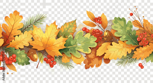 Elegant autumn vector border with watercolor leaves, rowan berries, and pine needles