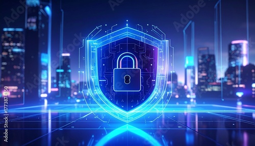 Digital shield symbolizing cybersecurity and data protection in a futuristic setting