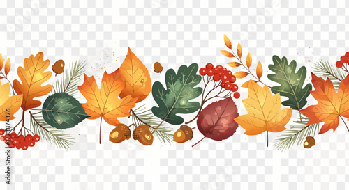Elegant autumn vector border with leaves, acorns, and berries