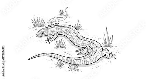 A detailed drawing of a lizard resting in a dry grassy area.