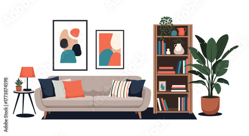 A modern living room featuring a plush sofa abstract art and a tall bookshelf with plants.