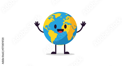 A happy cartoon earth character waving its hands with a smiling face.
