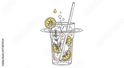 A refreshing glass of cold lemonade with ice and lemon slices on a white background.