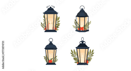 Four decorative lanterns with festive foliage and berries adorning them.