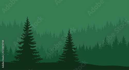 A dense dark green evergreen forest landscape with layers of trees stretching into the distance.