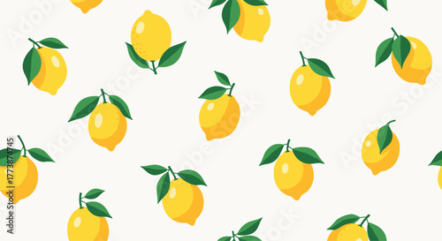A delightful pattern of yellow lemons with green leaves against a light background.