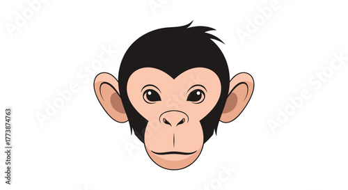 Close up illustration of a chimpanzee face with big ears and a curious expression.