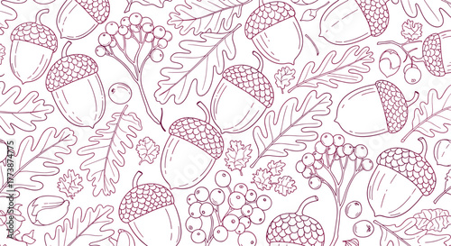 A delightful pattern of acorns and oak leaves in a whimsical sketch style.