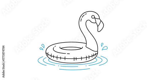 A whimsical flamingo float drifts serenely on gentle water waves on a bright summer day.