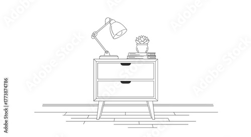 A minimalist bedside table with a lamp and a small plant sits against a white wall.