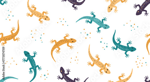 A cheerful pattern of colorful geckos scattered across a white background with tiny dots.