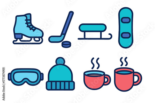 Collection of winter sports equipment, cold weather accessories, and hot drinks icons
