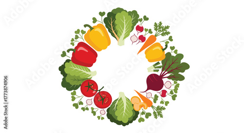 A vibrant wreath of fresh vegetables in a circular arrangement on a white background.