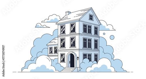 A beautifully illustrated vintage house nestled among soft fluffy clouds.