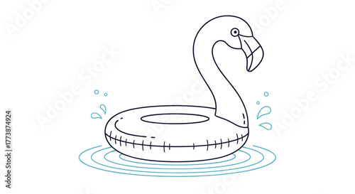 A simple line drawing of a flamingo float toy in the water.