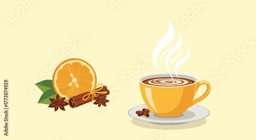 A warm cup of spiced orange coffee with aromatic cinnamon and star anise.
