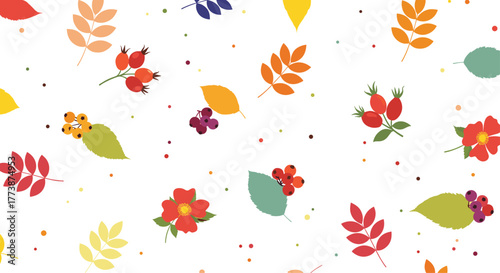 A cheerful autumn pattern featuring colorful leaves berries and flowers