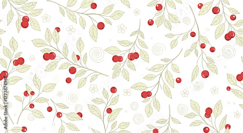 A whimsical pattern of delicate leaves and ripe red cherries on a white background.