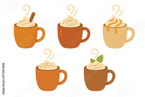 Collection of five hot beverages in mugs with whipped cream and autumn spices