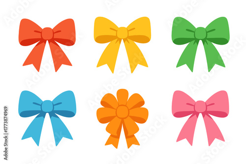 Six brightly colored decorative ribbon bows for holiday gifts and festive designs