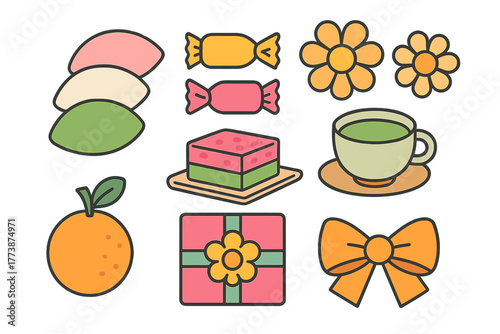 Vibrant collection of traditional Japanese sweets, matcha tea, fruit, and decorative gift elements